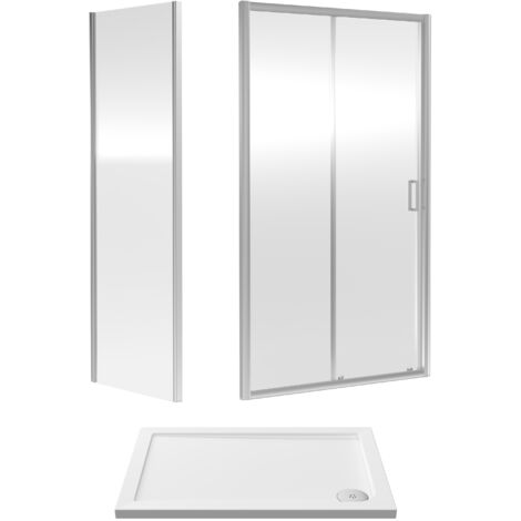 Balterley Sliding Shower Door Suite: 6mm Safety Glass Sliding Door, Side Panel & Resin Shower Tray, 1000 x 700mm, Polished Chrome