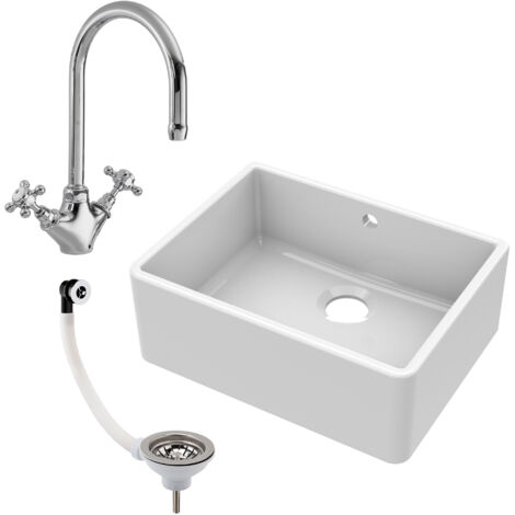 Fireclay 595mm Single Bowl Butler Kitchen Sink with Overflow, Mixer Tap & Waste in White Ceramic by Balterley (1/4)