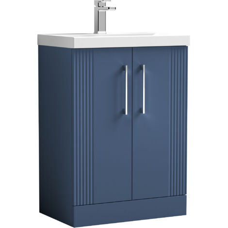 Belvide Partial Fluted 2 Door Floor Standing Vanity Unit with Mid-Edge 1 Tap Hole Ceramic Basin - 600mm - Satin Blue (1/4)