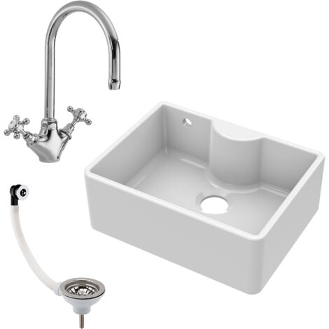 Fireclay 595mm - Single Bowl Butler Kitchen Sink with Tap Ledge, Overflow, Waste and Kitchen Mixer Tap Bundle by Balterley (1/4)