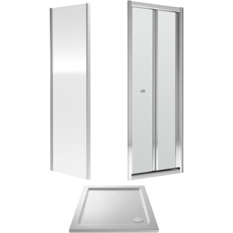 Balterley Square Bi-Fold Shower Suite with 4mm Safety Glass Door, Side Panel & 760 x 760mm Tray in Chrome Frame with White Tray (1/3)
