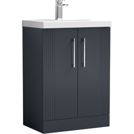 Belvide Partial Fluted 2 Door Floor Standing Vanity Unit with Mid-Edge 1 Tap Hole Ceramic Basin - 600mm - Satin Dark Grey (1/4)