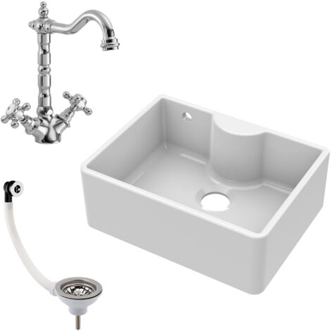 Fireclay 595mm Single Bowl Butler Kitchen Sink with Tap Ledge, Overflow, Classic Kitchen Mixer Tap and Waste Bundle by Balterley (1/4)