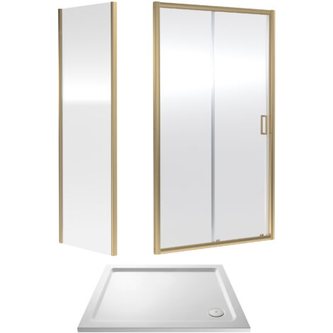 Balterley Sliding Shower Suite with 6mm Safety Glass Door, Side Panel & Resin Tray, 1000 x 760mm, Brushed Brass