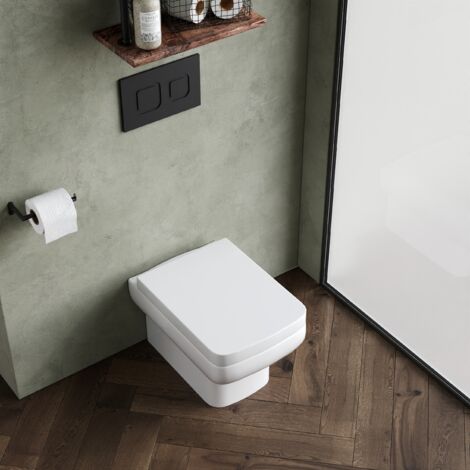 Alba Square Wall Hung Ceramic Toilet Pan & Soft Close & Seat, 400mm - Balterley