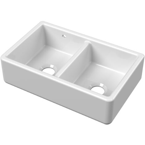 Fireclay Traditional Double Bowl Butler Kitchen Sink with Stepped Weir and Overflow - 795mm - Balterley (1/3)