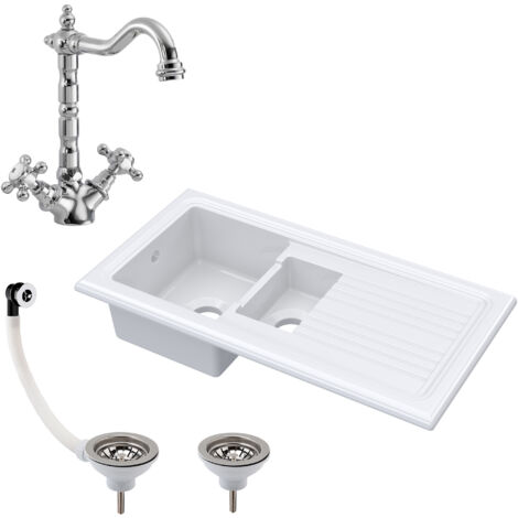 Fireclay 1010mm 1.5 Bowl Inset Kitchen Sink with Drainer, Classic Tap & Wastes in White Finish - Premium Quality (1/4)