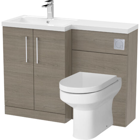 Bramshall Bathroom Bundle Floor Standing Vanity Basin and WC Unit with Pan, Seat and Cistern - Left Hand - Solace Oak - Balterley