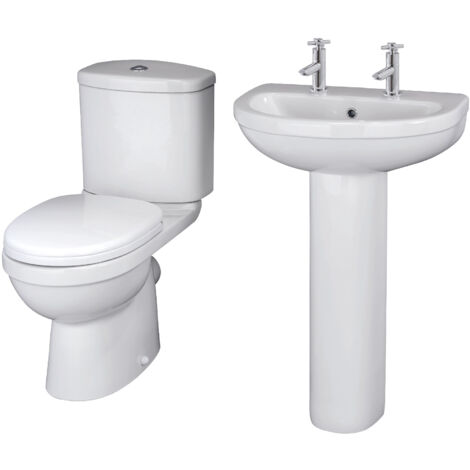 Balterley Churnet Bathroom Suite: Close-Coupled Toilet w/ Dual-Flush Cistern, Soft-Close Seat & 550mm 2 Tap Hole Basin, Full Pedestal