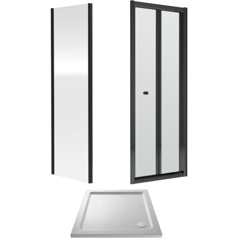 Balterley Square Bi-Fold Shower Suite & 4mm Safety Glass Door, Side Panel 900x900mm Tray Polished Matt Black Frame & White Tray (1/3)