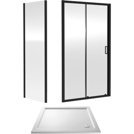 Balterley Sliding Shower Suite with 6mm Safety Glass Door, Side Panel & 1200 x 900mm Shower Tray in Matt Black Frame (1/3)