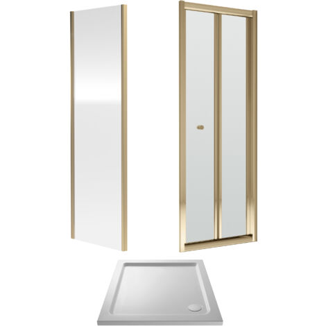Balterley Square Bi-Fold Shower Suite & 4mm Safety Glass Door, Side Panel 760x760mm Tray Polished Brushed Brass Frame & White Tray (1/3)