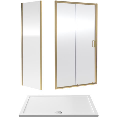 Balterley Sliding Shower Suite with 6mm Safety Glass Door, Side Panel & 1400 x 900mm Shower Tray in Brushed Brass Frame