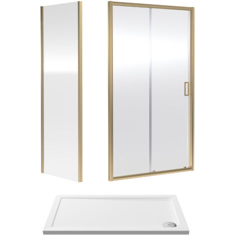 Balterley Sliding Shower Suite with 6mm Safety Glass Door, Side Panel & 1200 x 700mm Tray in Brushed Brass Finish (1/3)