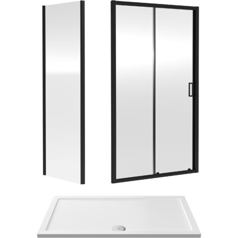 Balterley Sliding Shower Suite with 6mm Safety Glass Door, Side Panel & 1400 x 800mm Shower Tray in Matt Black Frame (1/3)
