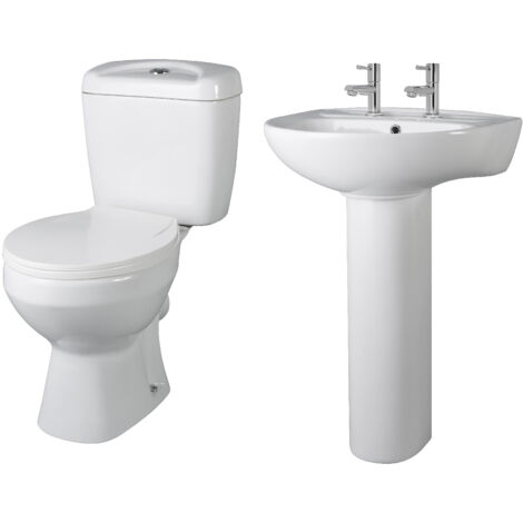 Balterley Anslow Bathroom Suite Close Coupled Toilet Dual Flush Soft Close Seat & 550mm 2 Tap Hole Pedestal Basin