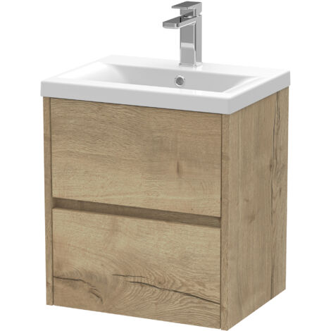 Edge Square Wall Hung 2 Drawer Vanity Unit & Ceramic Basin, 500mm - Woodgrain Autumn Oak - Balterley