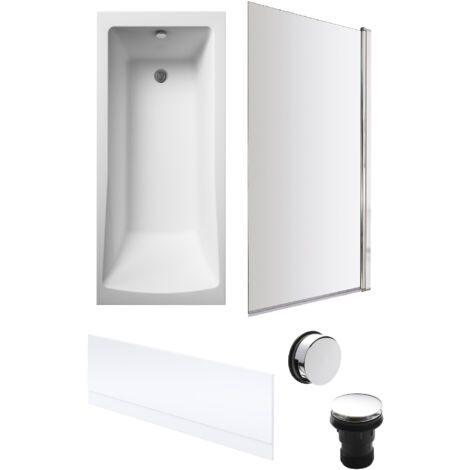Square Single Ended Bath, Bath Screen, Front Panel, Chrome Waste - 1700 x 700mm