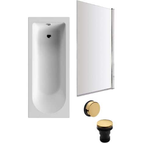 Round Single Ended Bath, Square Chrome Bath Screen, Brushed Brass Waste -1700x700mm