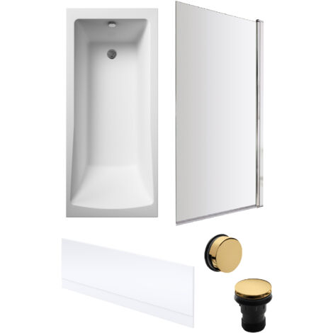 Square Single Ended Bath, Bath Screen, Front Panel, Brushed Brass Waste -1700x700mm