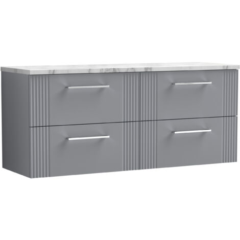Belvide Partial Fluted 4 Drawer Wall Hung Vanity Unit with Carrera Marble Laminate Worktop - 1200mm - Satin Grey