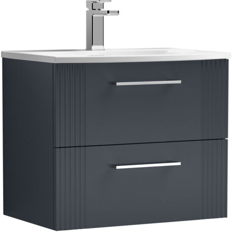 Belvide Partial Fluted 2 Drawer Wall Hung Vanity Unit with 1 Tap Hole Curved Basin- 600mm - Satin Dark Grey