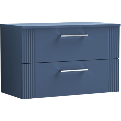 Belvide Partial Fluted 2 Drawer Wall Hung Vanity Unit with Colour Coordinating Laminate Worktop - 800mm - Satin Blue