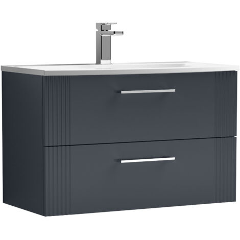 Belvide Partial Fluted 2 Drawer Wall Hung Vanity Unit with 1 Tap Hole Curved Basin- 800mm - Satin Soft Black