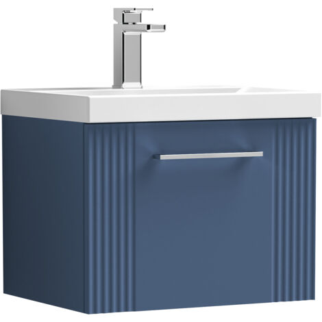 Belvide Partial Fluted 1 Drawer Wall Hung Vanity Unit with Mid-Edge 1 Tap Hole Ceramic Basin - 500mm - Satin Blue (1/4)