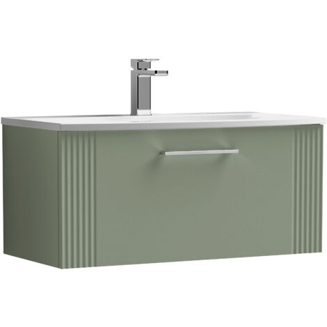 Belvide Partial Fluted 1 Drawer Wall Hung Vanity Unit with 1 Tap Hole Curved Basin- 800mm - Satin Green