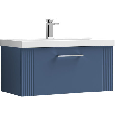 Belvide Partial Fluted 1 Drawer Wall Hung Vanity Unit with 1 Tap Hole Thin-Edge Basin- 800mm - Satin Blue