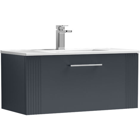 Belvide Partial Fluted 1 Drawer Wall Hung Vanity Unit with 1 Tap Hole Minimalist Basin - 800mm - Satin Dark Grey