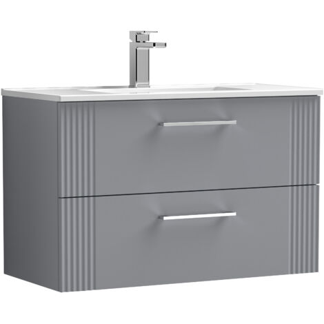 Belvide Partial Fluted 2 Drawer Wall Hung Vanity Unit with 1 Tap Hole Minimalist Basin - 800mm - Satin Grey