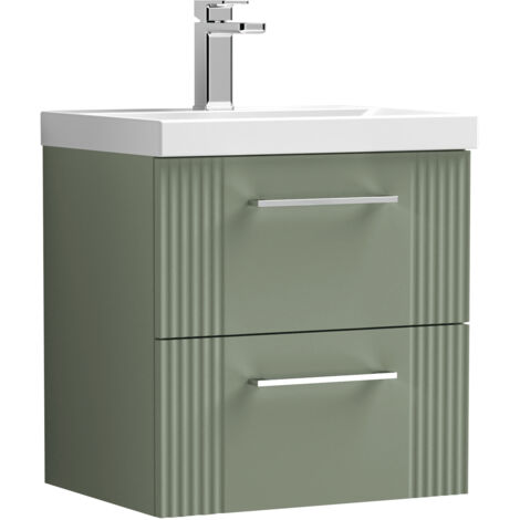Belvide Partial Fluted 2 Drawer Wall Hung Vanity Unit with 1 Tap Hole Thin-Edge Basin- 500mm - Satin Green