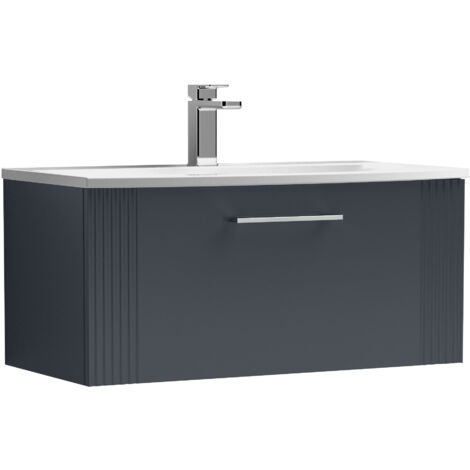 Belvide Partial Fluted 1 Drawer Wall Hung Vanity Unit with 1 Tap Hole Curved Basin- 800mm - Satin Soft Black