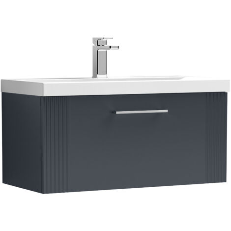 Belvide Partial Fluted 1 Drawer Wall Hung Vanity Unit with Mid-Edge 1 Tap Hole Ceramic Basin - 800mm - Satin Dark Grey (1/4)