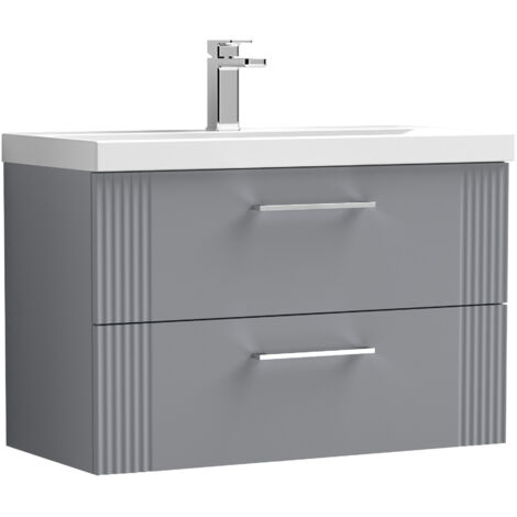 Belvide Partial Fluted 2 Drawer Wall Hung Vanity Unit with Mid-Edge 1 Tap Hole Ceramic Basin - 800mm - Satin Grey