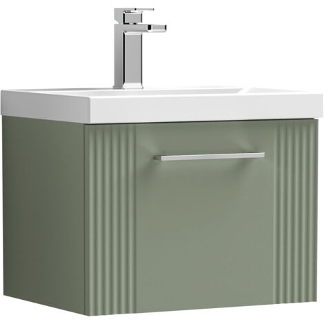 Belvide Partial Fluted 1 Drawer Wall Hung Vanity Unit with Mid-Edge 1 Tap Hole Ceramic Basin - 500mm - Satin Green (1/4)