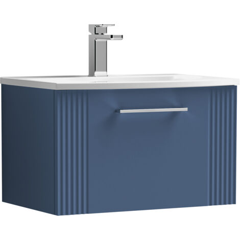 Belvide Partial Fluted 1 Drawer Wall Hung Vanity Unit with Curved Ceramic Basin - 600mm - Satin Blue