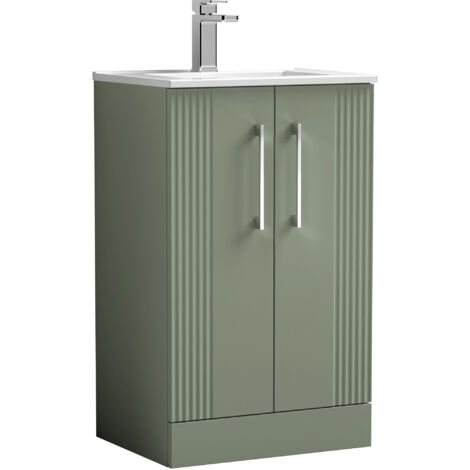 Belvide Partial Fluted 2 Door Floor Standing Vanity Unit with 1 Tap Hole Minimalist Basin - 500mm - Satin Green