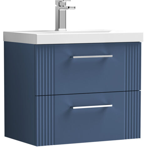 Belvide Partial Fluted 2 Drawer Wall Hung Vanity Unit with 1 Tap Hole Thin-Edge Basin- 600mm - Satin Blue