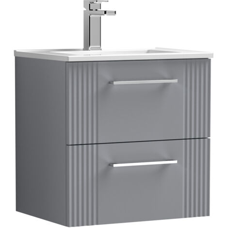 Belvide Partial Fluted 2 Drawer Wall Hung Vanity Unit with 1 Tap Hole Minimalist Basin - 500mm - Satin Grey