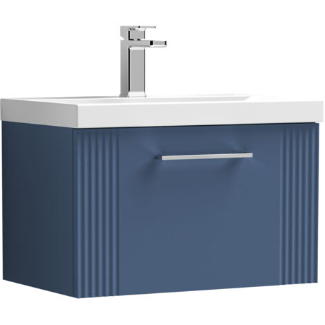 Belvide Partial Fluted 1 Drawer Wall Hung Vanity Unit with Mid-Edge 1 Tap Hole Ceramic Basin - 600mm - Satin Blue (1/4)