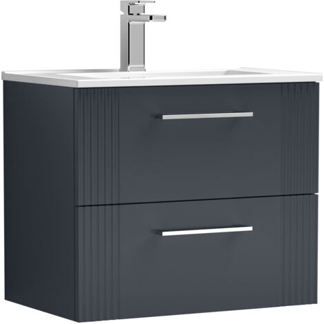 Belvide Partial Fluted 2 Drawer Wall Hung Vanity Unit with 1 Tap Hole Minimalist Basin - 600mm - Satin Dark Grey