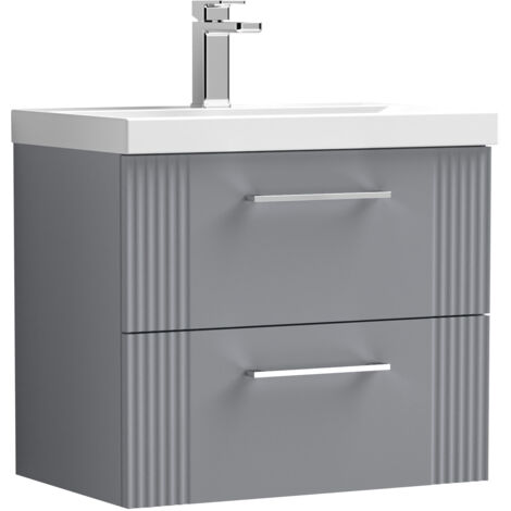 Belvide Partial Fluted 2 Drawer Wall Hung Vanity Unit with Mid-Edge 1 Tap Hole Ceramic Basin - 600mm - Satin Grey