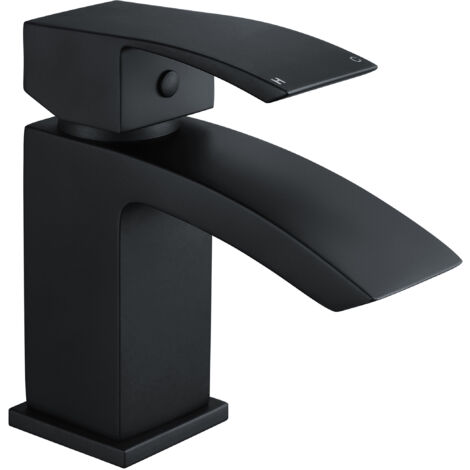 Contemporary Mono Basin Bathroom Mixer Tap with Push Button Waste - Matt Black