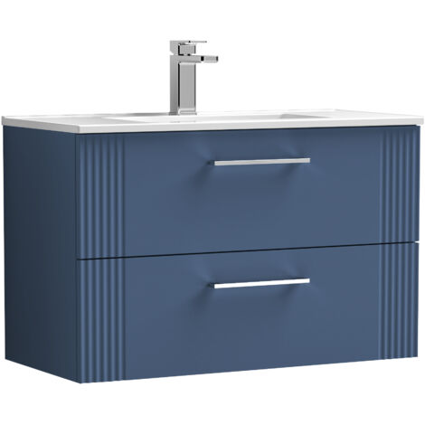 Belvide Partial Fluted 2 Drawer Wall Hung Vanity Unit with 1 Tap Hole Minimalist Basin - 800mm - Satin Blue