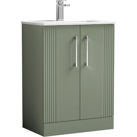 Belvide Partial Fluted 2 Door Floor Standing Vanity Unit with 1 Tap Hole Minimalist Basin - 600mm - Satin Green