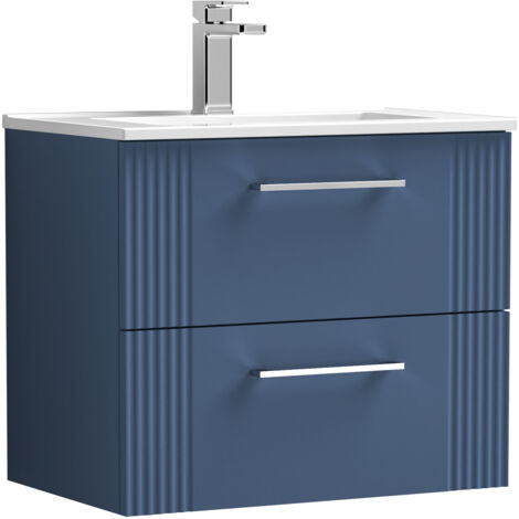 Belvide Partial Fluted 2 Drawer Wall Hung Vanity Unit with 1 Tap Hole Minimalist Basin - 600mm - Satin Blue