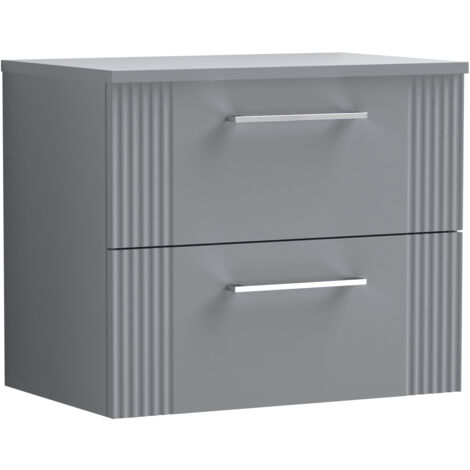 Belvide Partial Fluted 2 Drawer Wall Hung Vanity Unit with Colour Coordinating Worktop - 600mm - Satin Grey